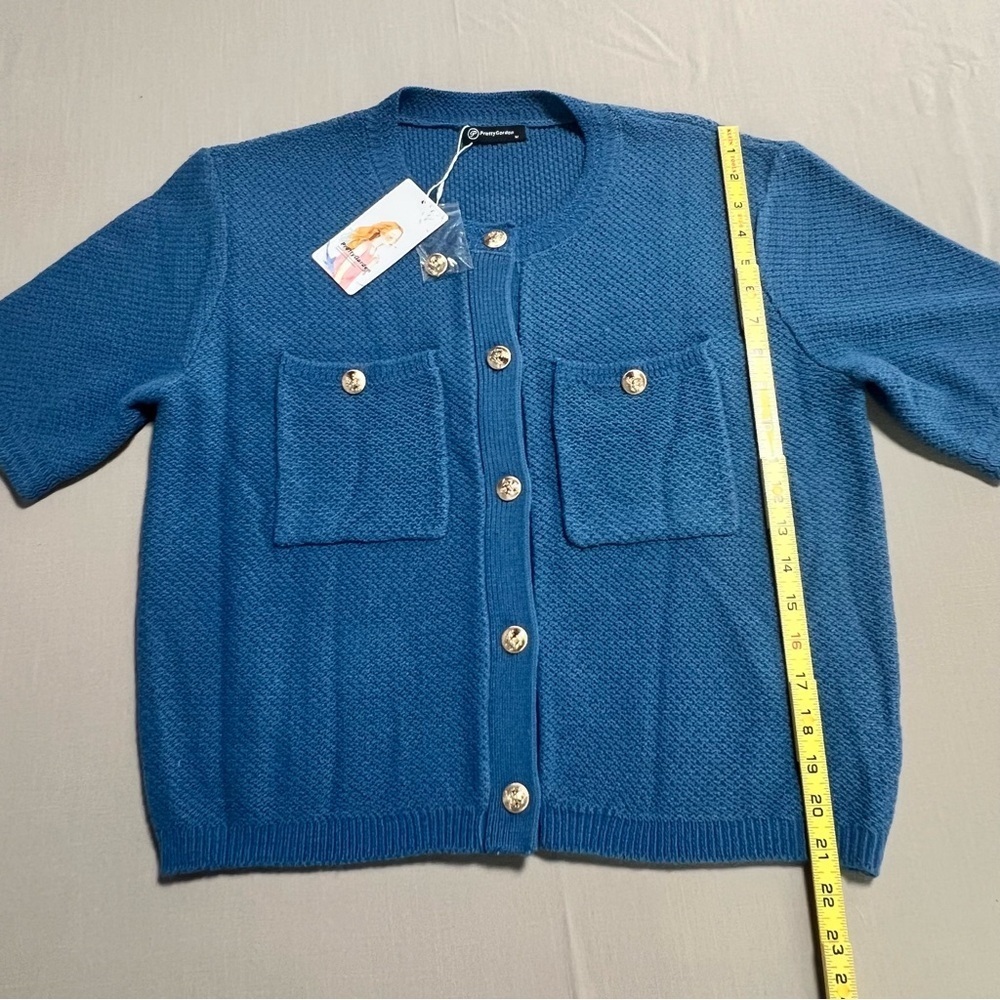 Blue Short Sleeve Knit Cardigan Sweater Women Med Gold Button Front Pockets NWT - Picture 5 of 13
